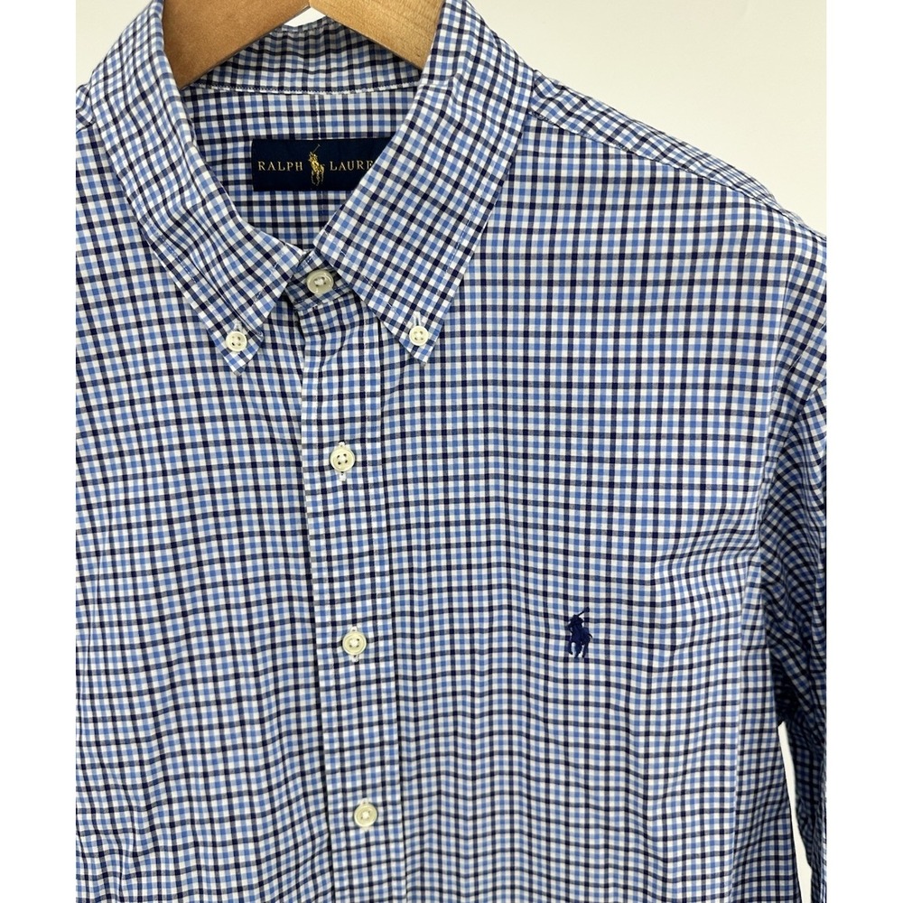 Ralph Lauren Mens Blue Gingham Button Down Shirt XL 100% Cotton Stretch